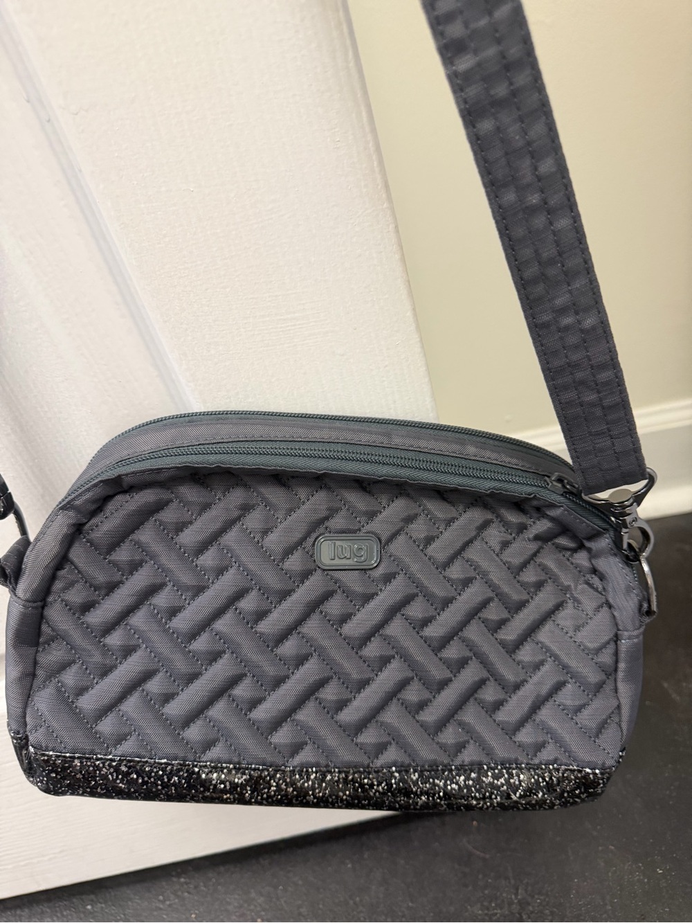 lug Quilted Crossbody Bag in Charcoal with Glitter Accent